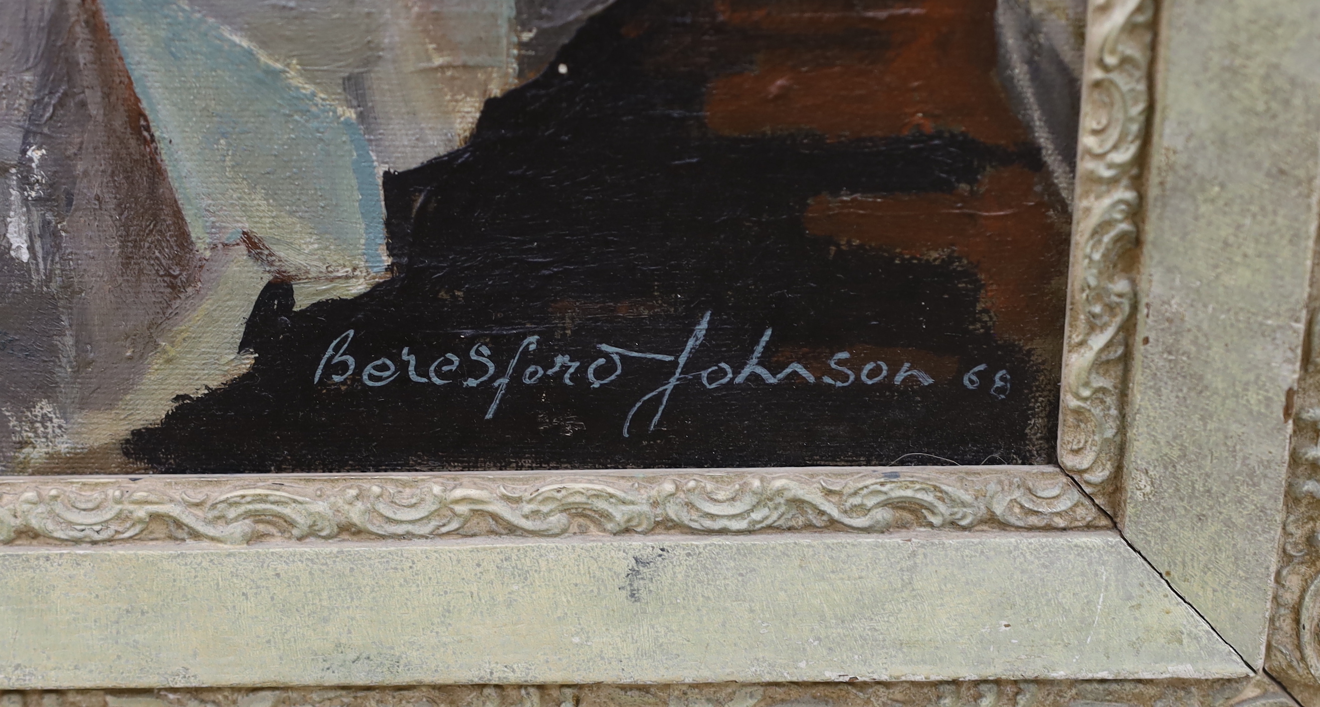 Beresford Johnson, oil on canvas, 'Two bottles', signed, International Amateur Art Exhibition, signed and dated '68, inscribed label verso, 44 x 39cm